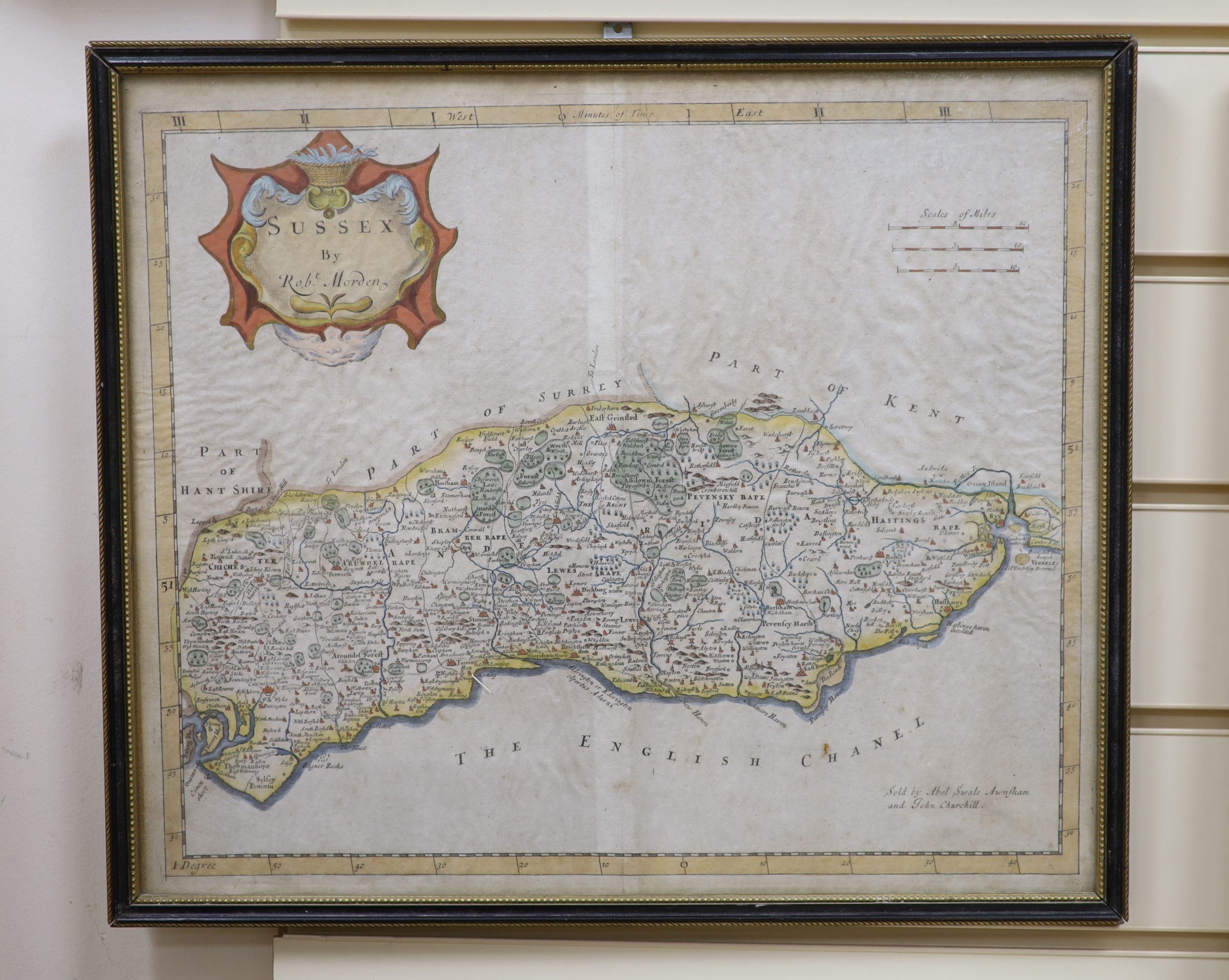 Robert Morden, coloured engraving, Map of Sussex, with centre fold, 34 x 41cm
